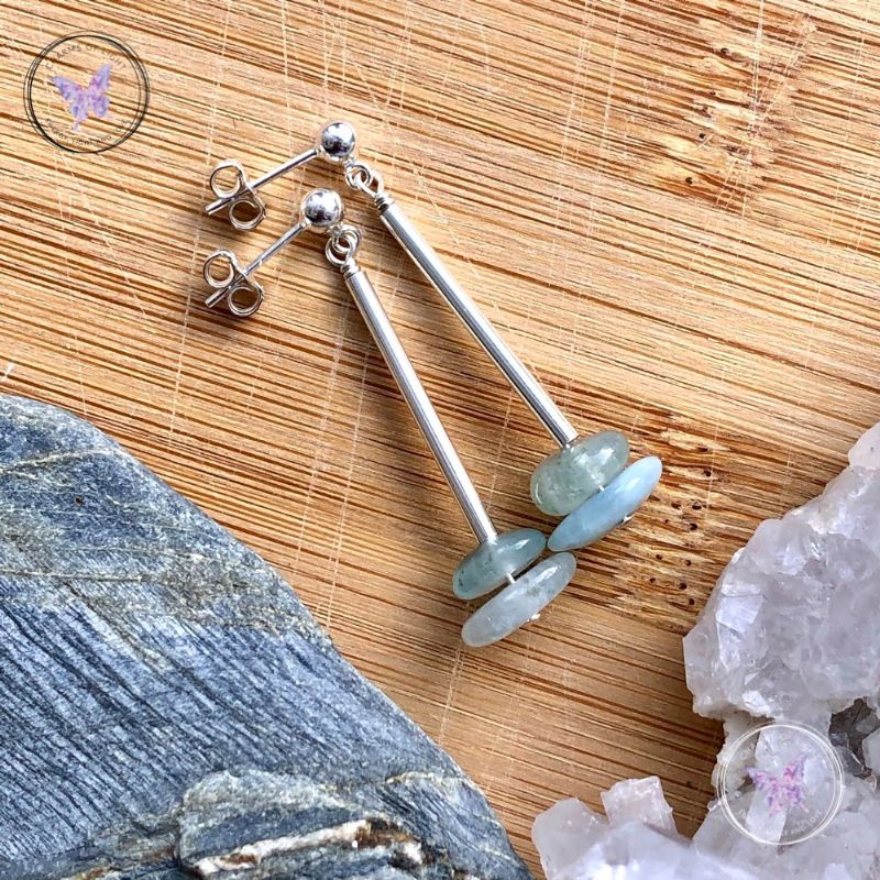 Aquamarine Chip Silver Tube Earrings